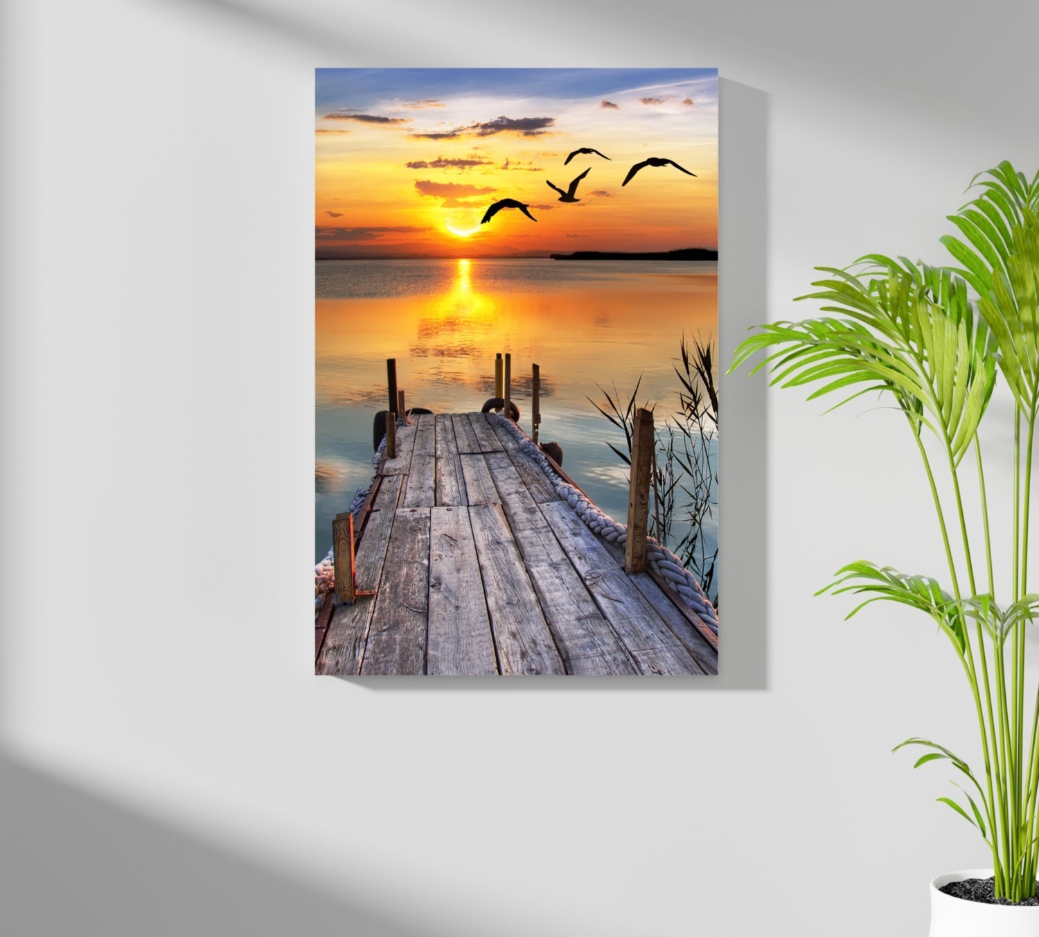 Wooden Jetty Sunset With Flying Gulls Aluminum Print