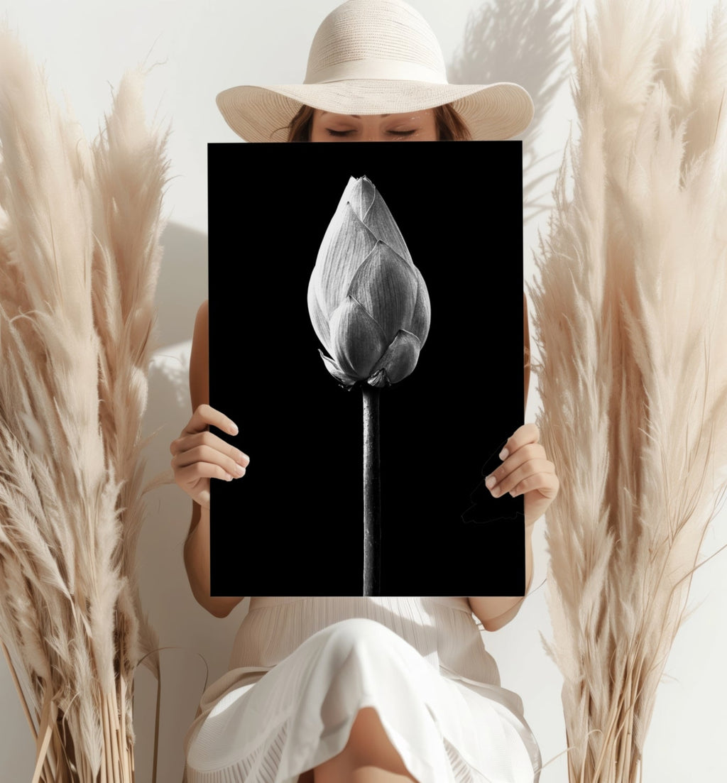 Black and White Lotus Bud Close Up Aluminum Print