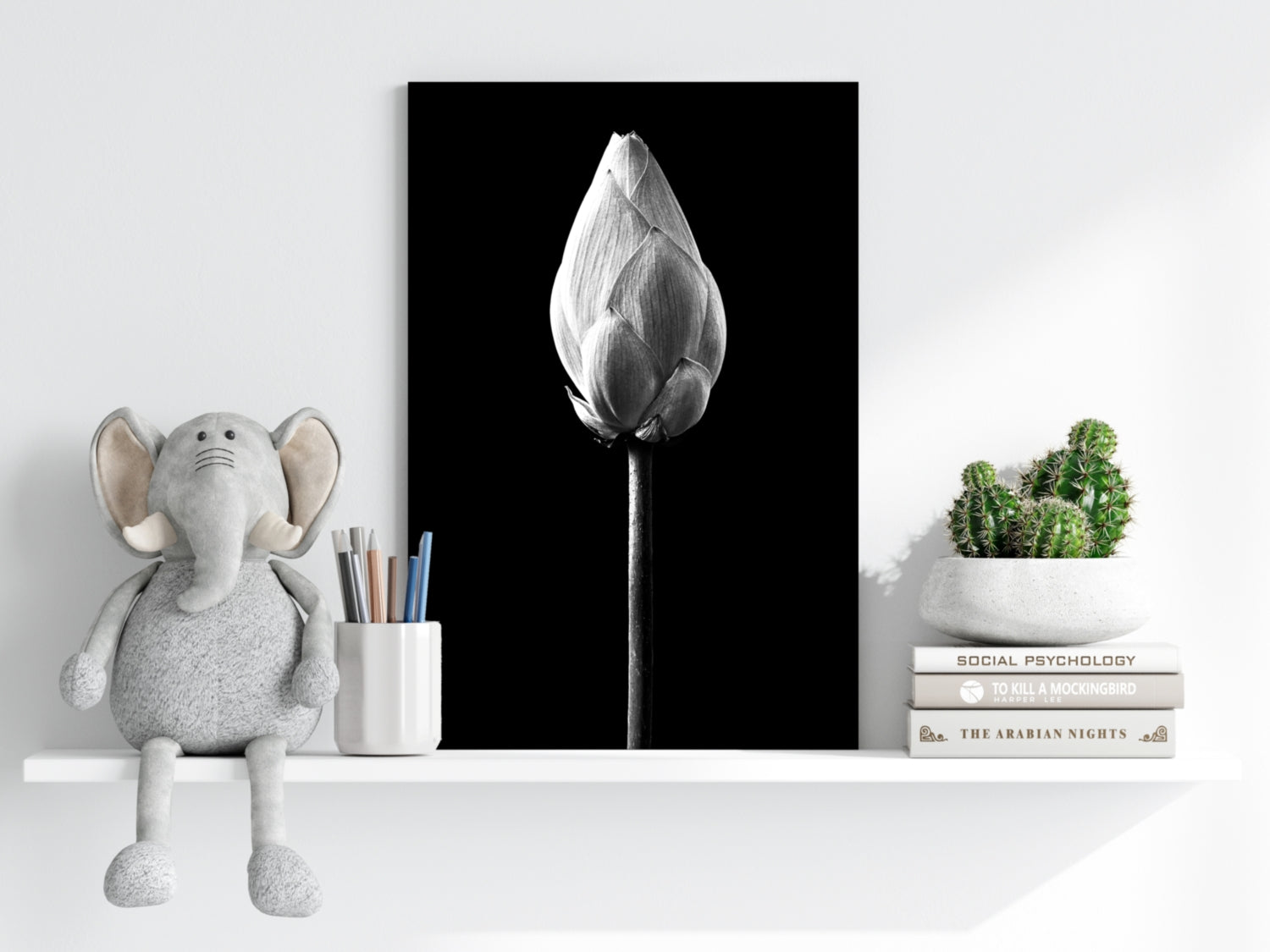 Black and White Lotus Bud Close Up Aluminum Print