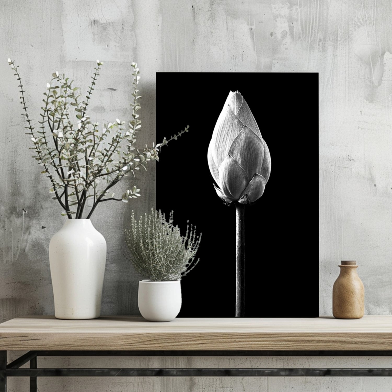 Black and White Lotus Bud Close Up Aluminum Print