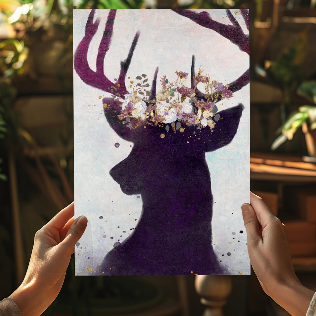 Purple Floral Crown Deer Silhouette Aluminum Print