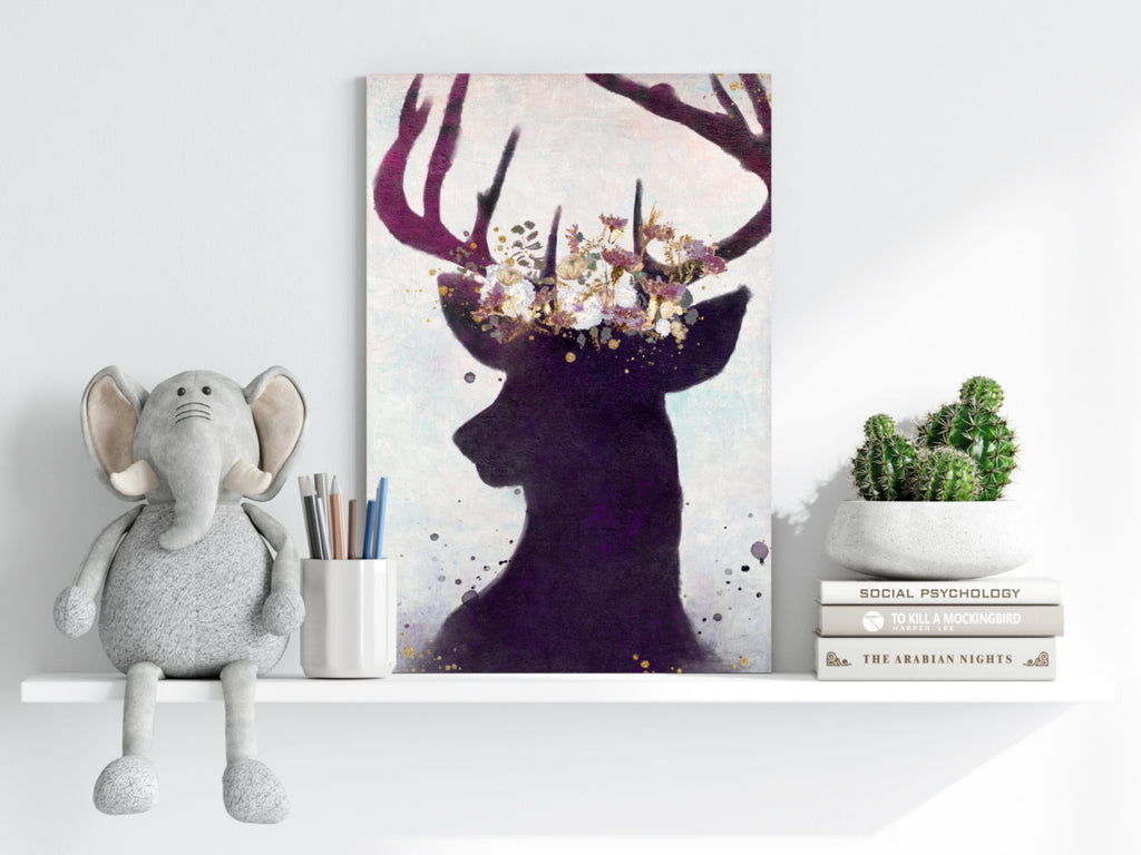 Purple Floral Crown Deer Silhouette Aluminum Print