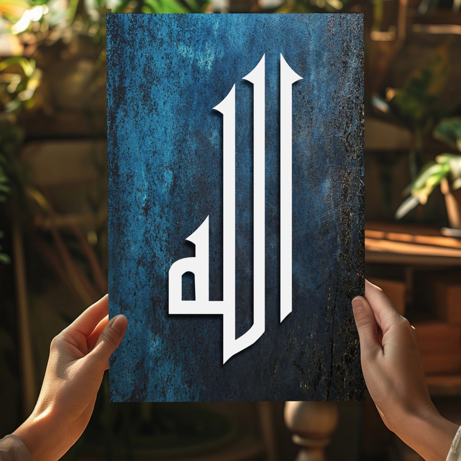 White Calligraphy on Blue Rust Texture Aluminum Print