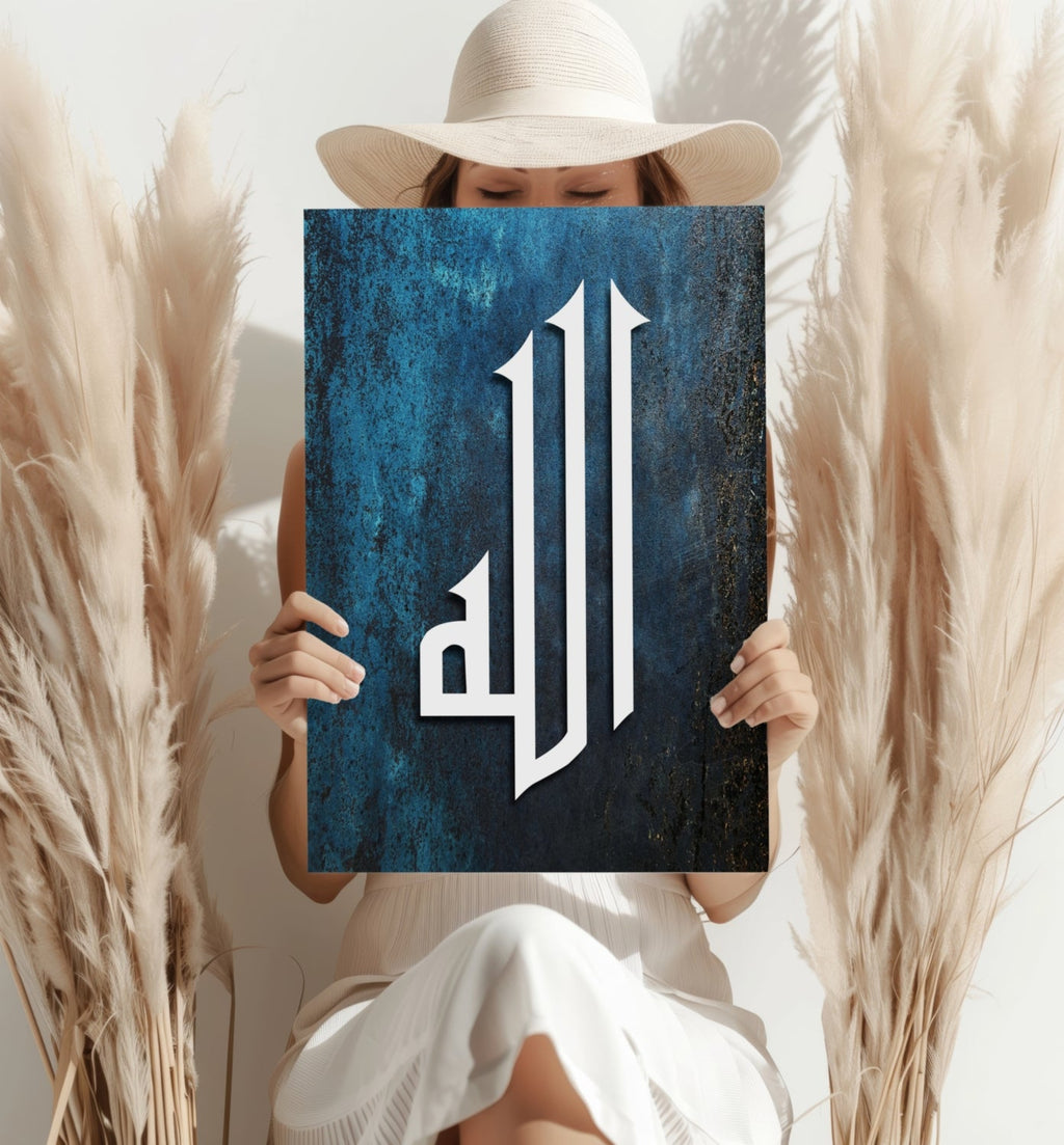 White Calligraphy on Blue Rust Texture Aluminum Print