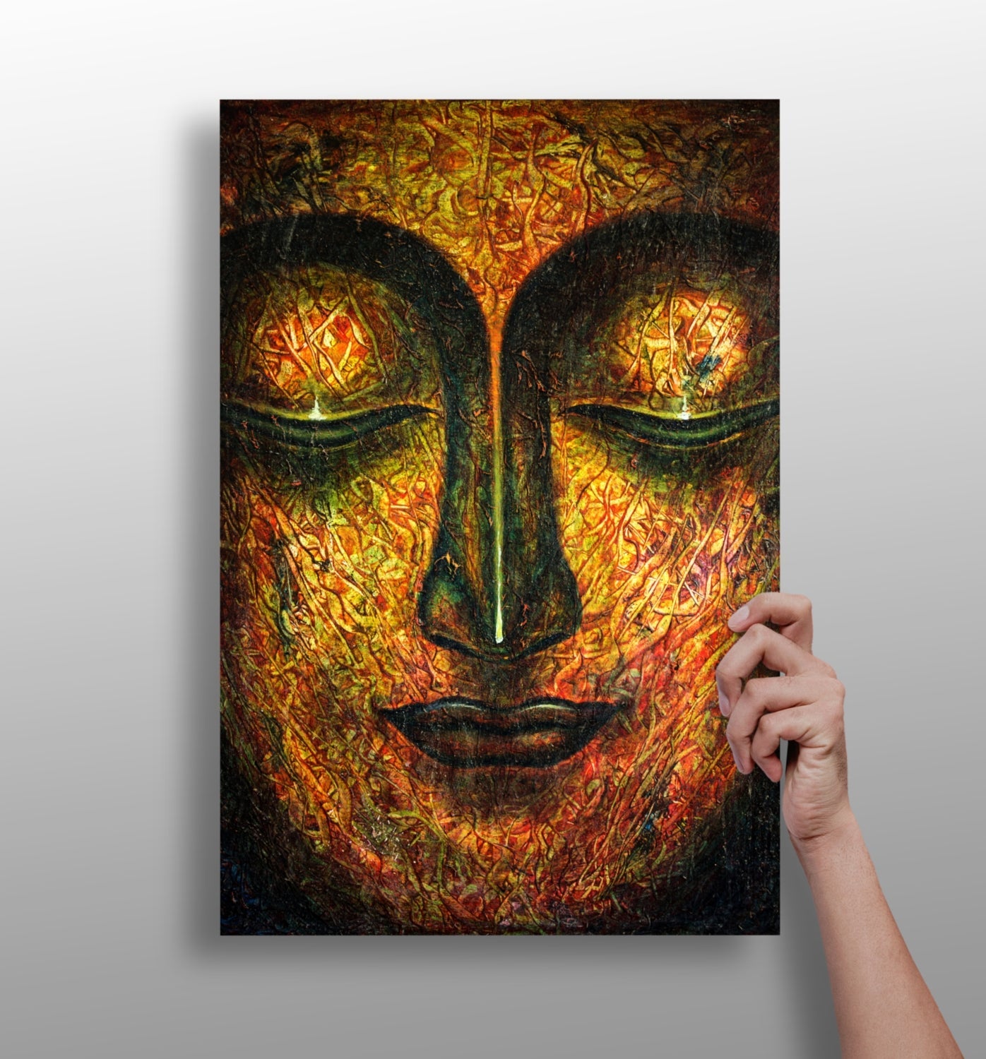 Fiery Amber Textured Closed Eyes Buddha Aluminum Print