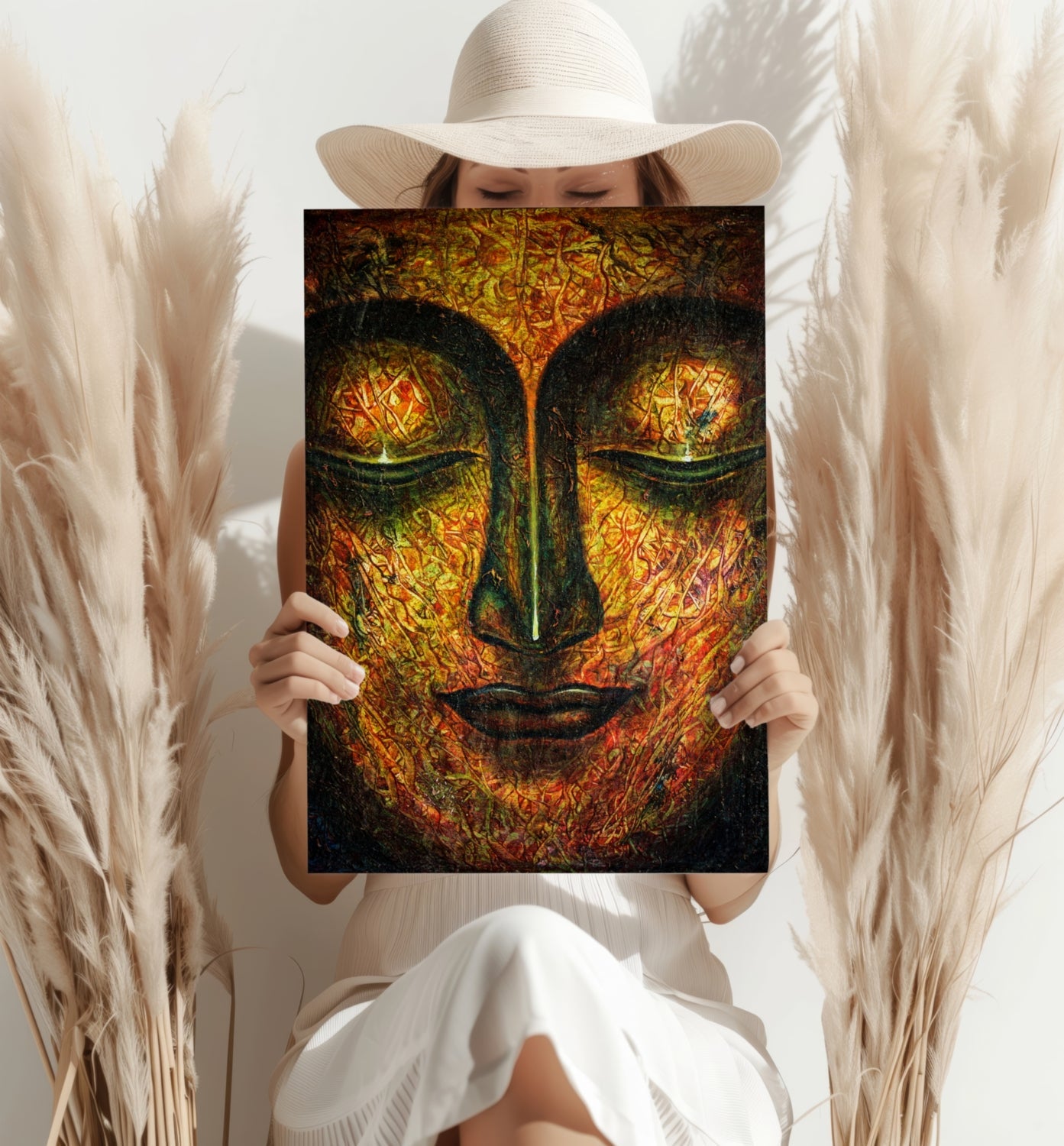 Fiery Amber Textured Closed Eyes Buddha Aluminum Print