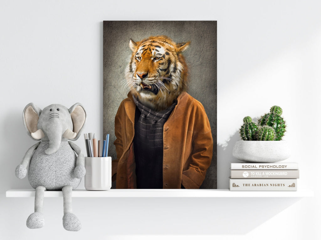 Tiger Head Man in Tan Jacket Aluminum Print