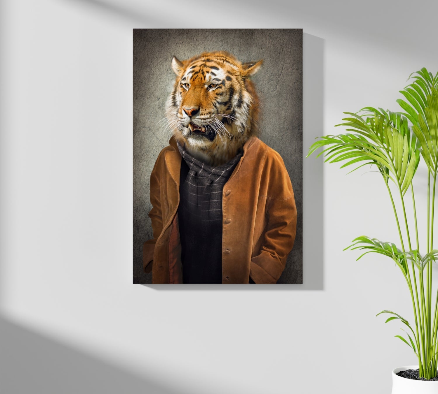 Tiger Head Man in Tan Jacket Aluminum Print