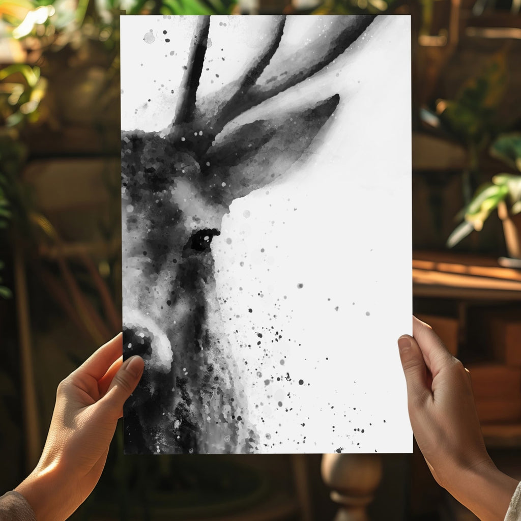 Black Ink Splatter Stag Portrait Aluminum Print