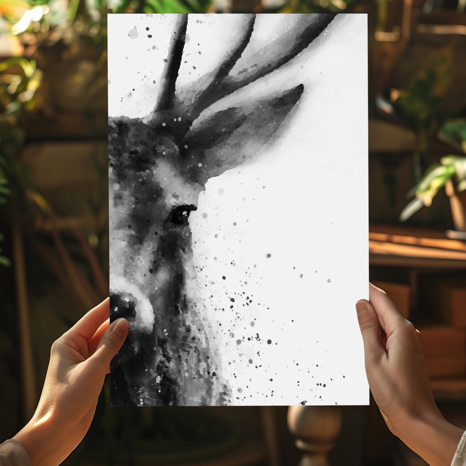 Black Ink Splatter Stag Portrait Aluminum Print
