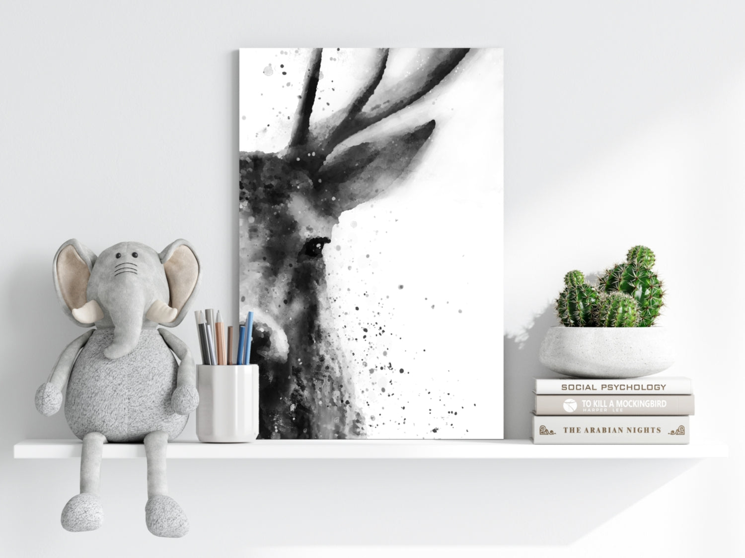 Black Ink Splatter Stag Portrait Aluminum Print