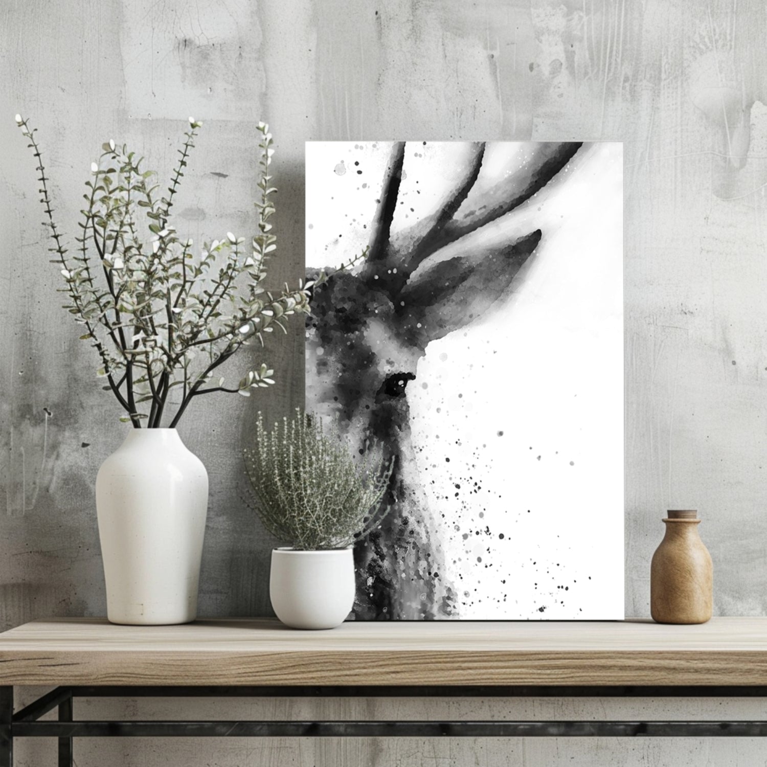Black Ink Splatter Stag Portrait Aluminum Print
