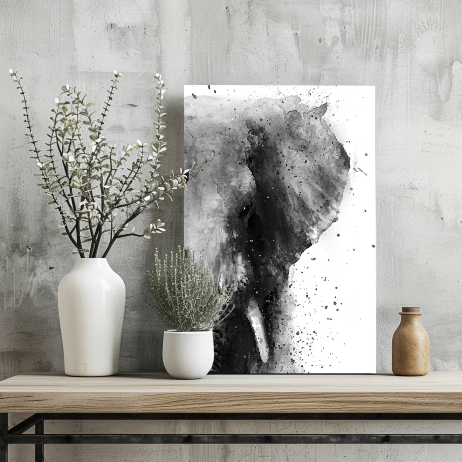 Black And White Watercolor Splatter Elephant Aluminum Print