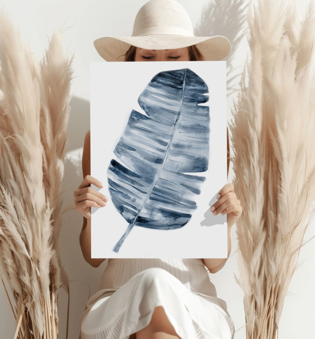 Indigo Blue Watercolor Banana Leaf Aluminum Print