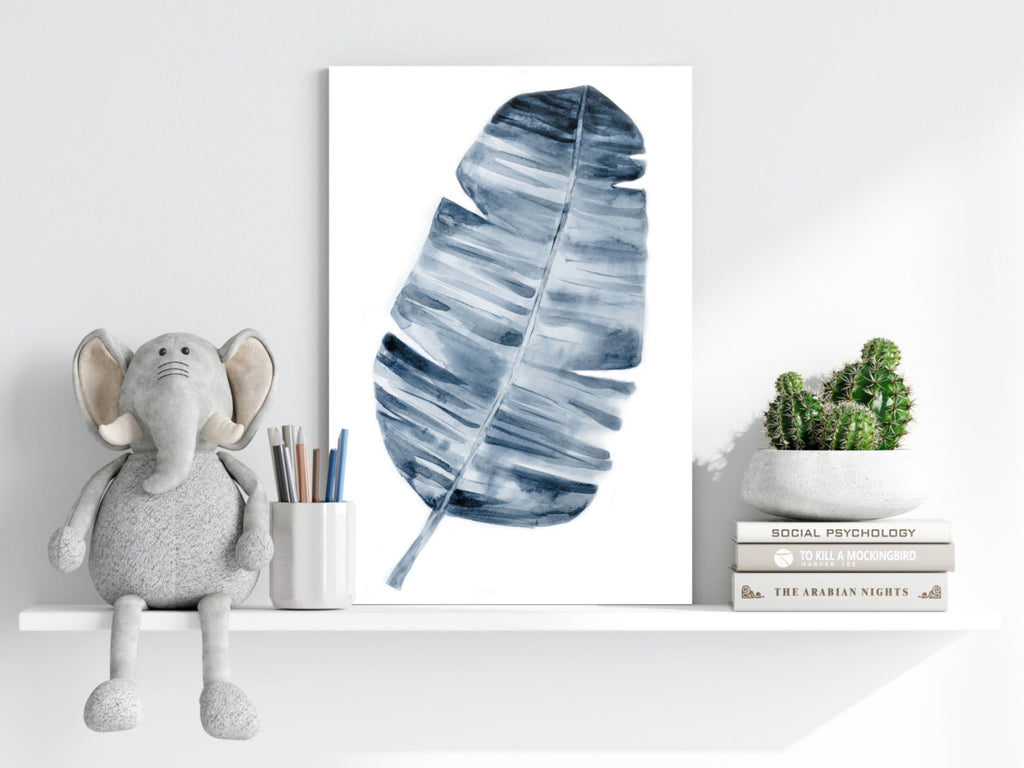 Indigo Blue Watercolor Banana Leaf Aluminum Print