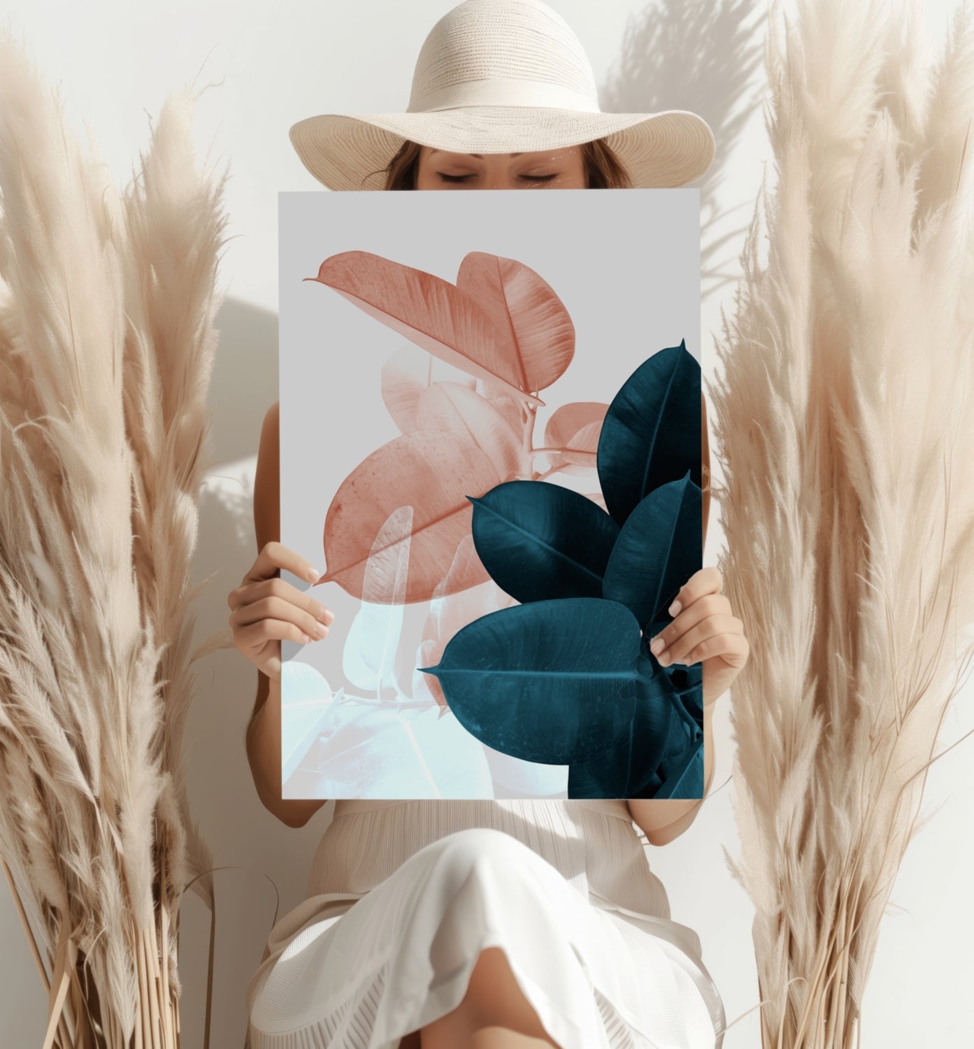 Peach and Teal Rubber Plant Leaves Aluminum Print