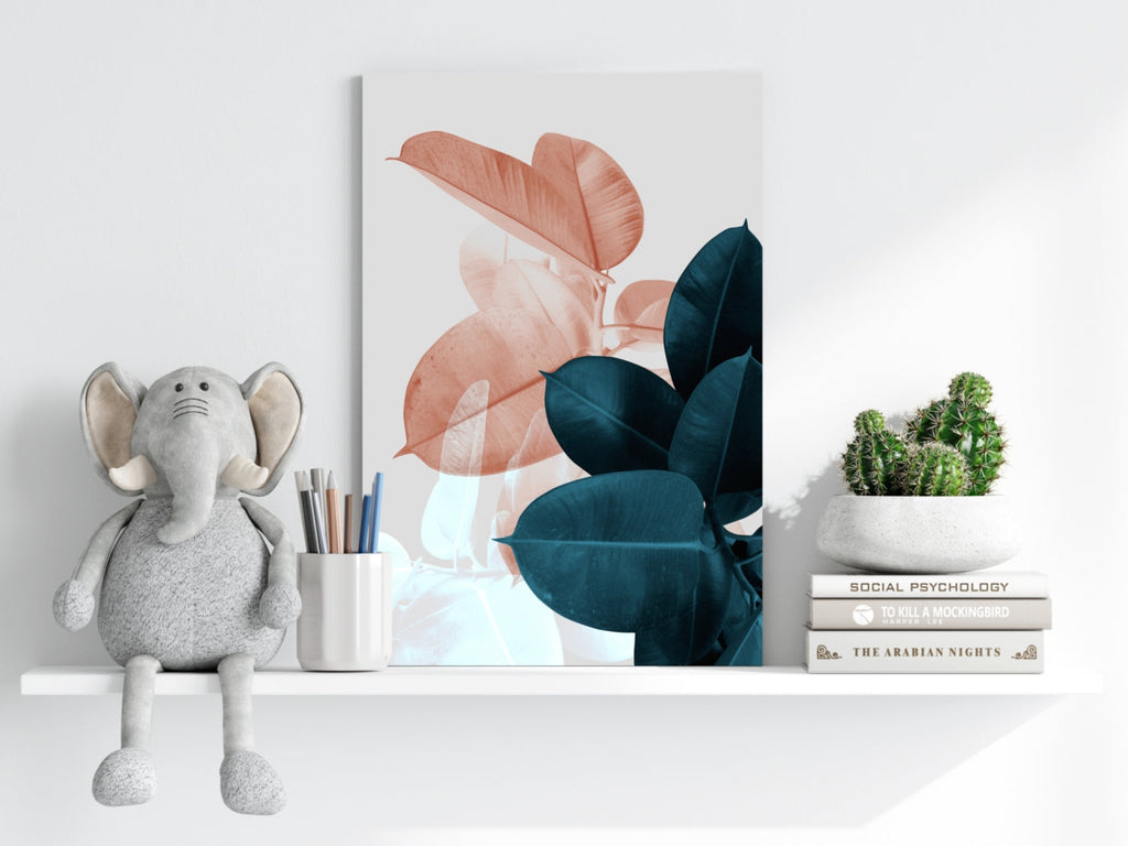 Peach and Teal Rubber Plant Leaves Aluminum Print