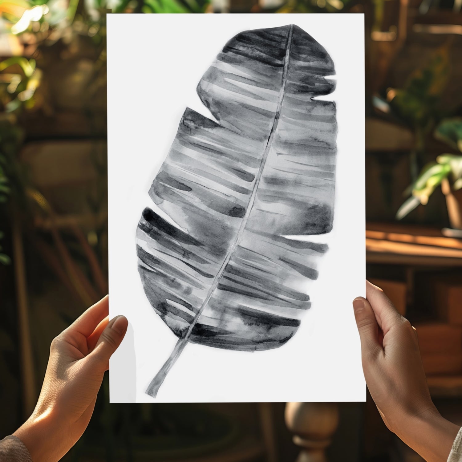 Charcoal Gray Watercolor Banana Leaf Aluminum Print