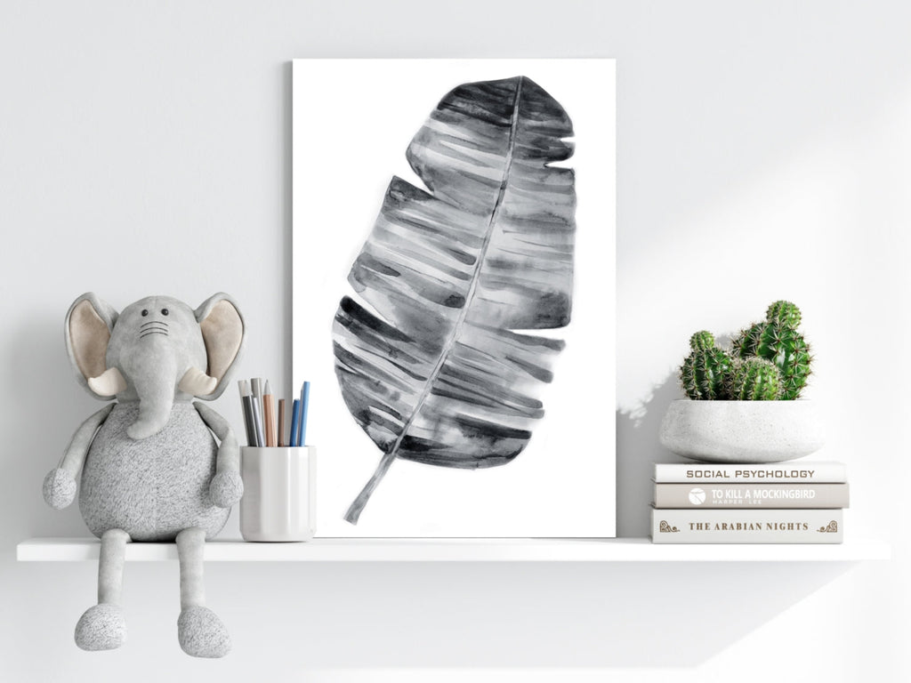 Charcoal Gray Watercolor Banana Leaf Aluminum Print