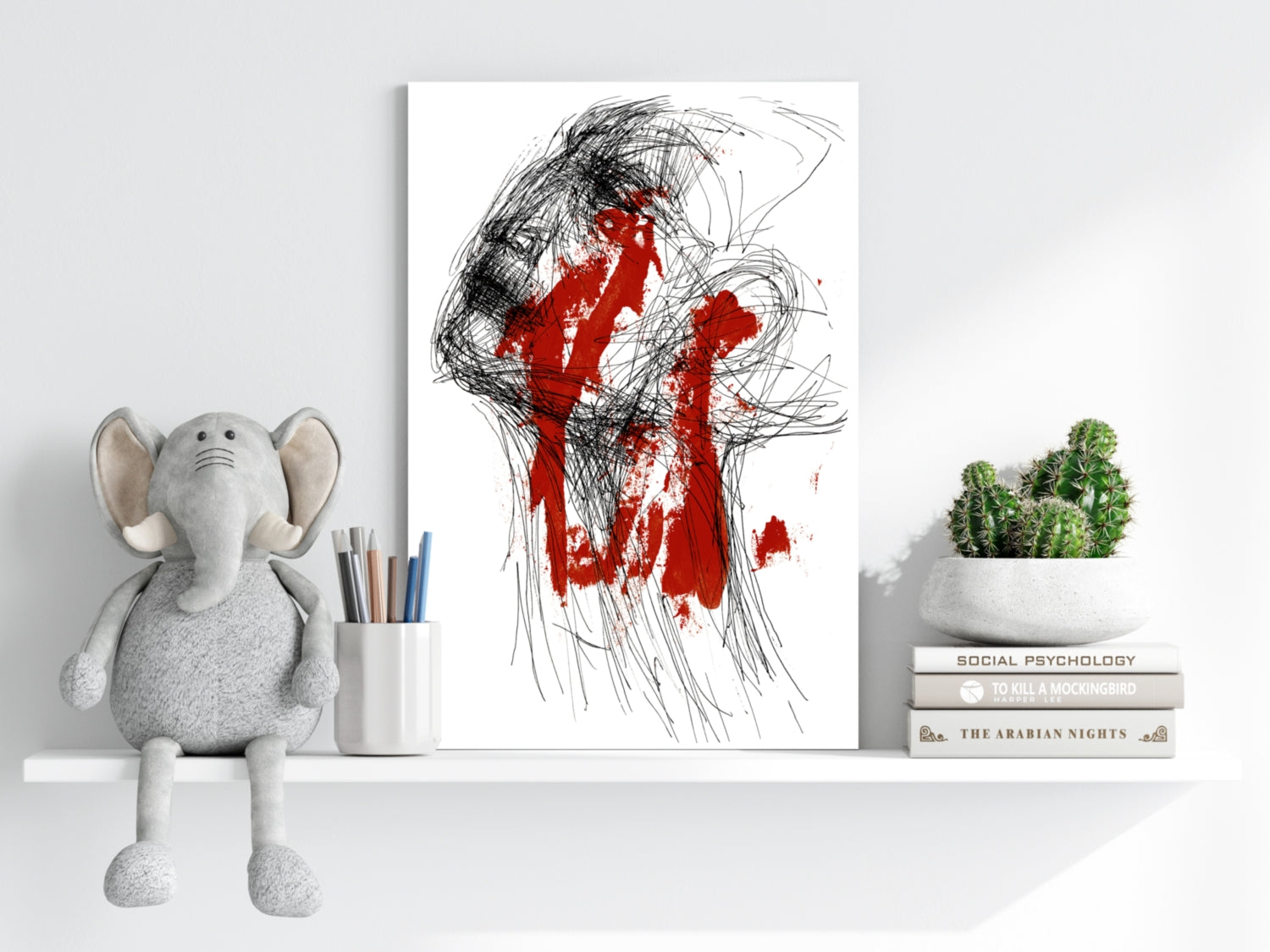 Red Paint and Black Scribble Face Aluminum Print