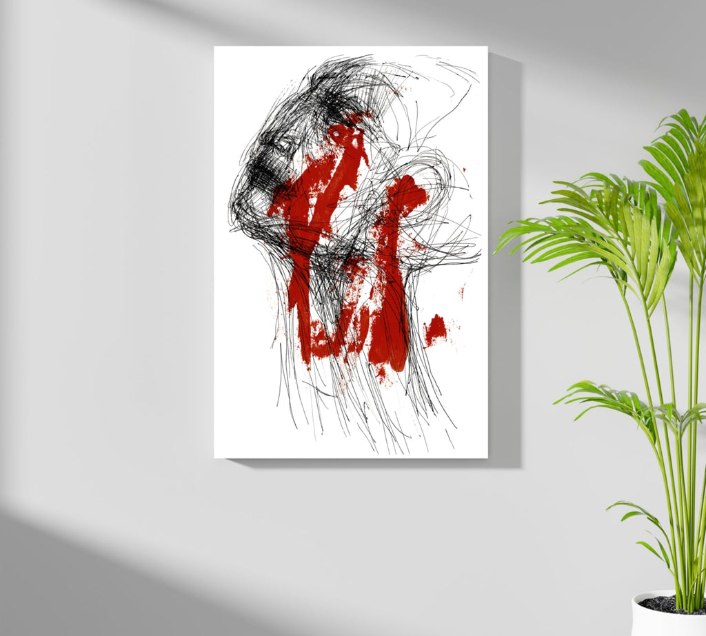 Red Paint and Black Scribble Face Aluminum Print