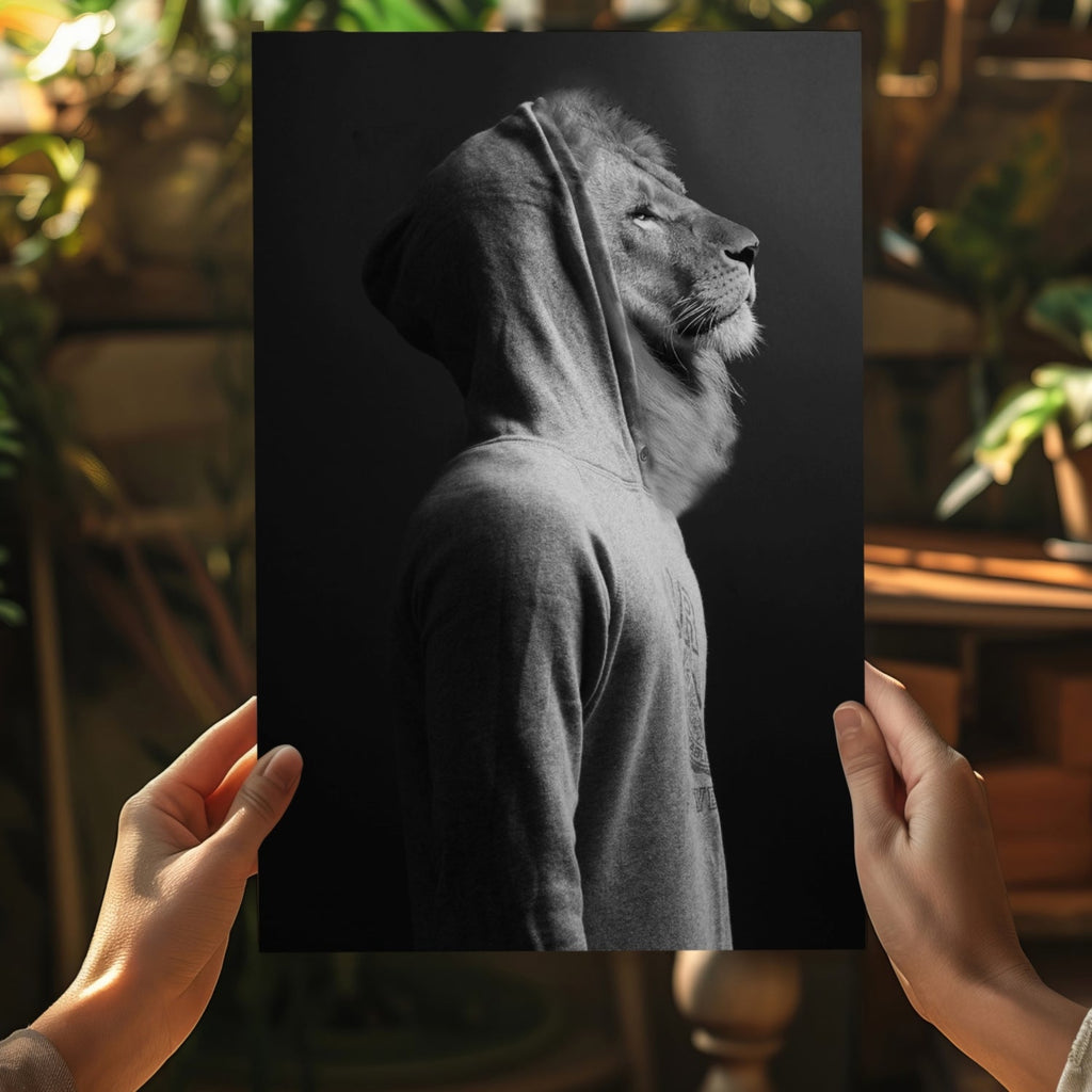 Lion in Hoodie Black White Aluminum Print