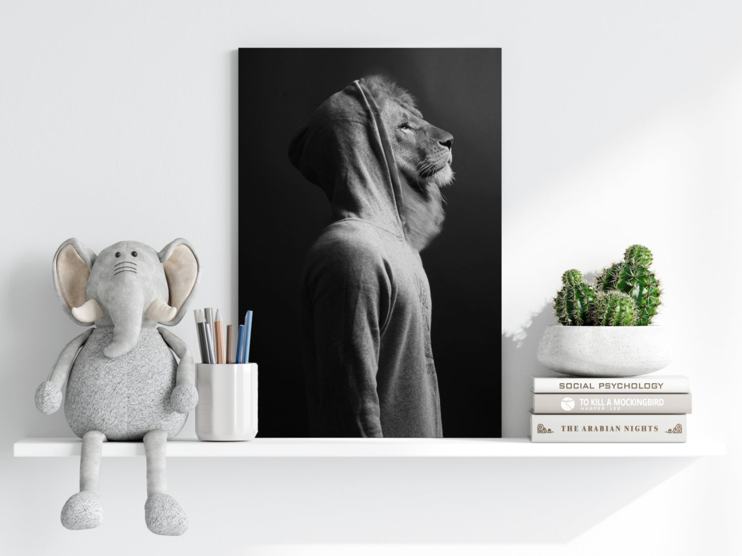 Lion in Hoodie Black White Aluminum Print