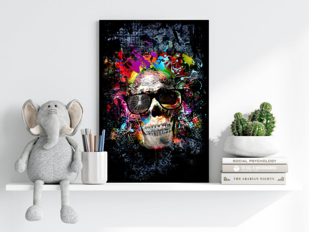 Neon Splatter Skull With Sunglasses Aluminum Print