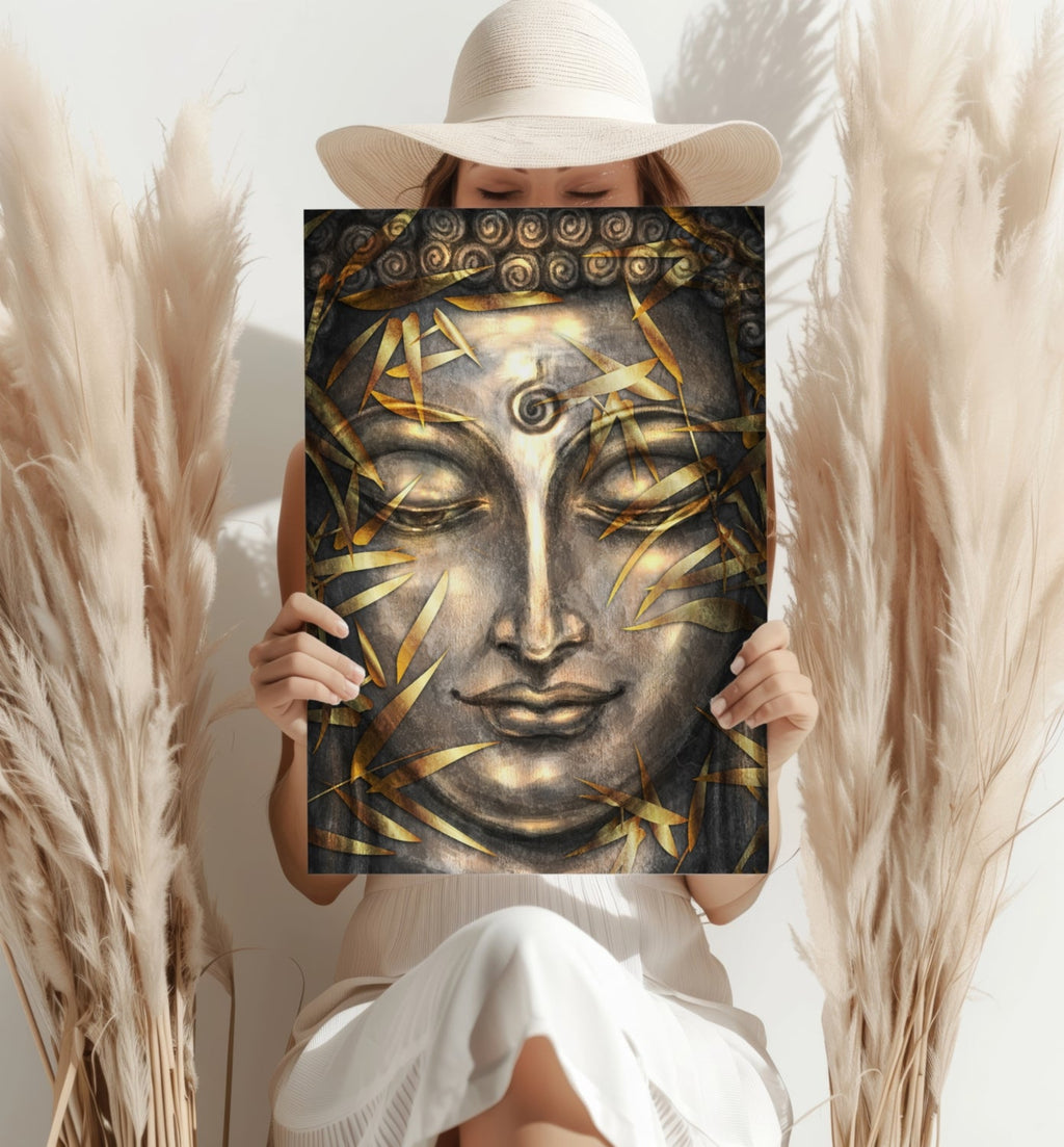 Gold Bamboo Leaves Bronze Buddha Aluminum Print