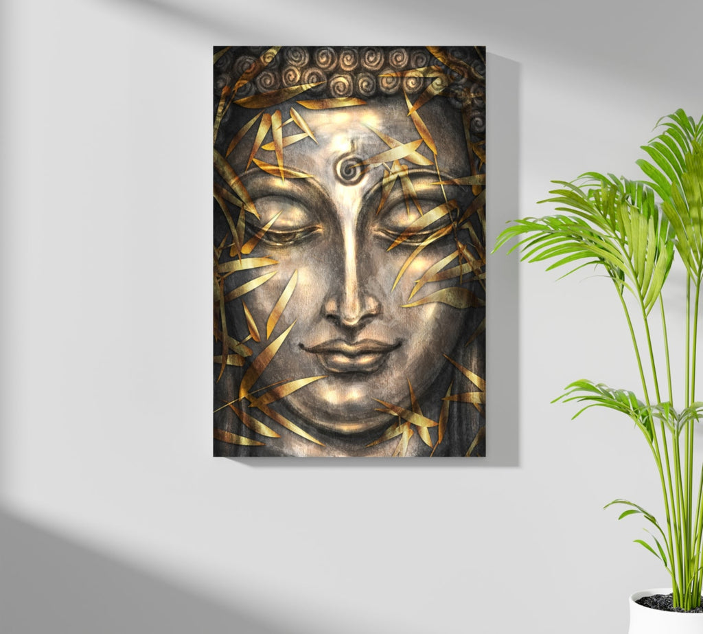 Gold Bamboo Leaves Bronze Buddha Aluminum Print