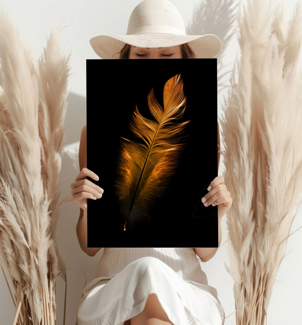 Single Bronze Feather On Black Aluminum Print