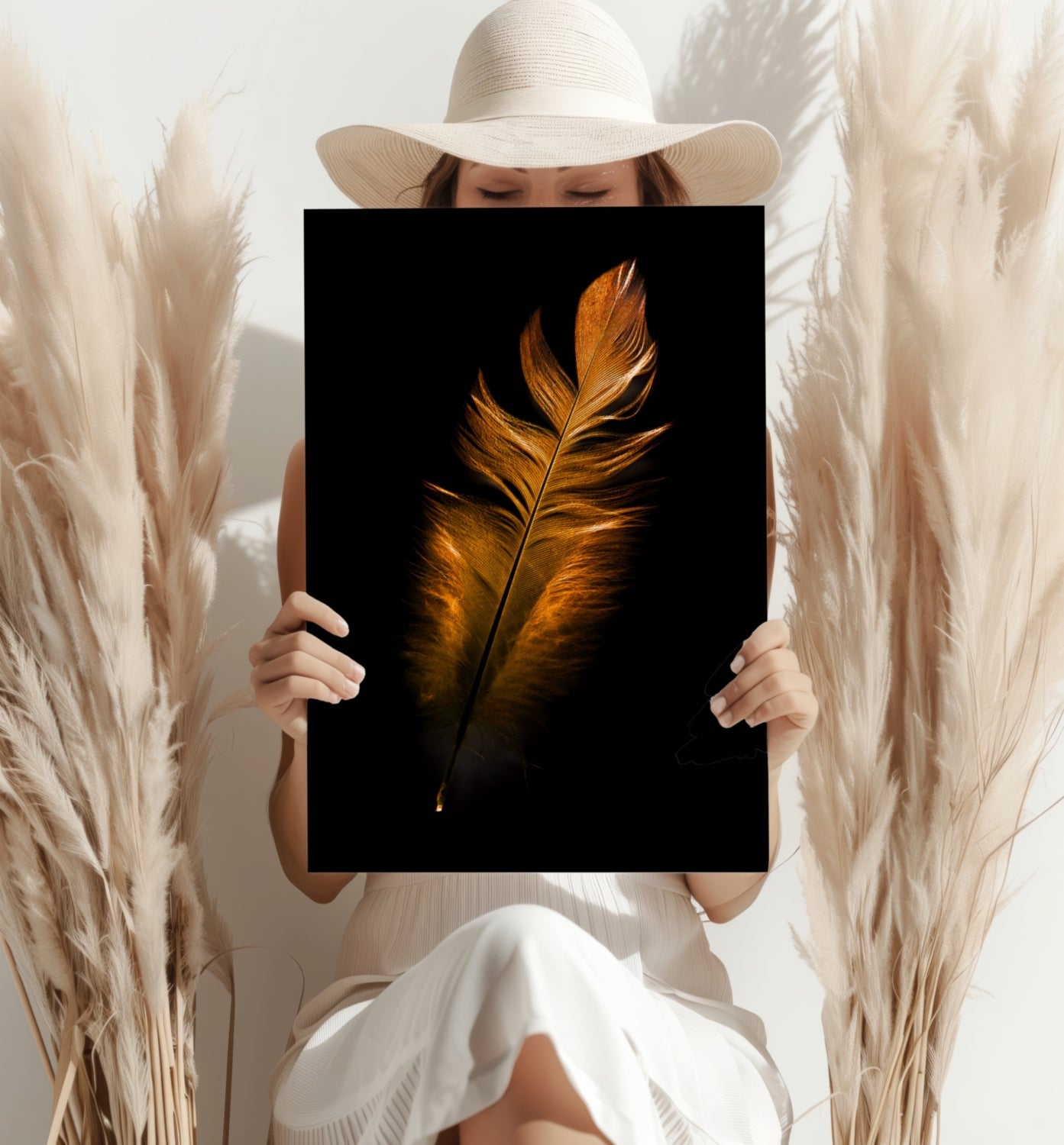 Single Bronze Feather On Black Aluminum Print