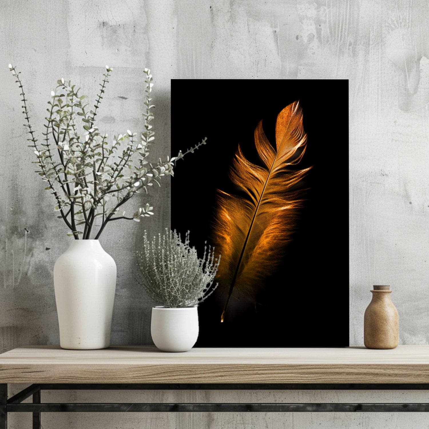 Single Bronze Feather On Black Aluminum Print