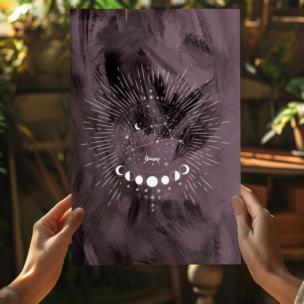Plum Gemini Constellation Moon Phases Aluminum Print