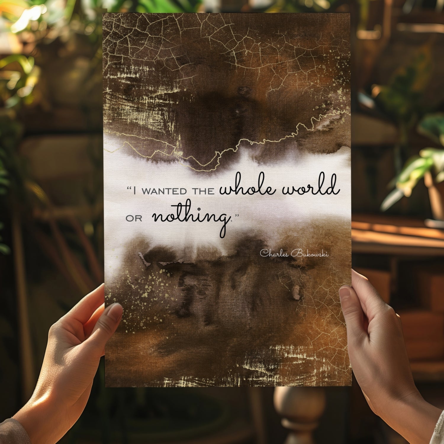 Brown Gold Cracked Ink Whole World Quote Aluminum Print