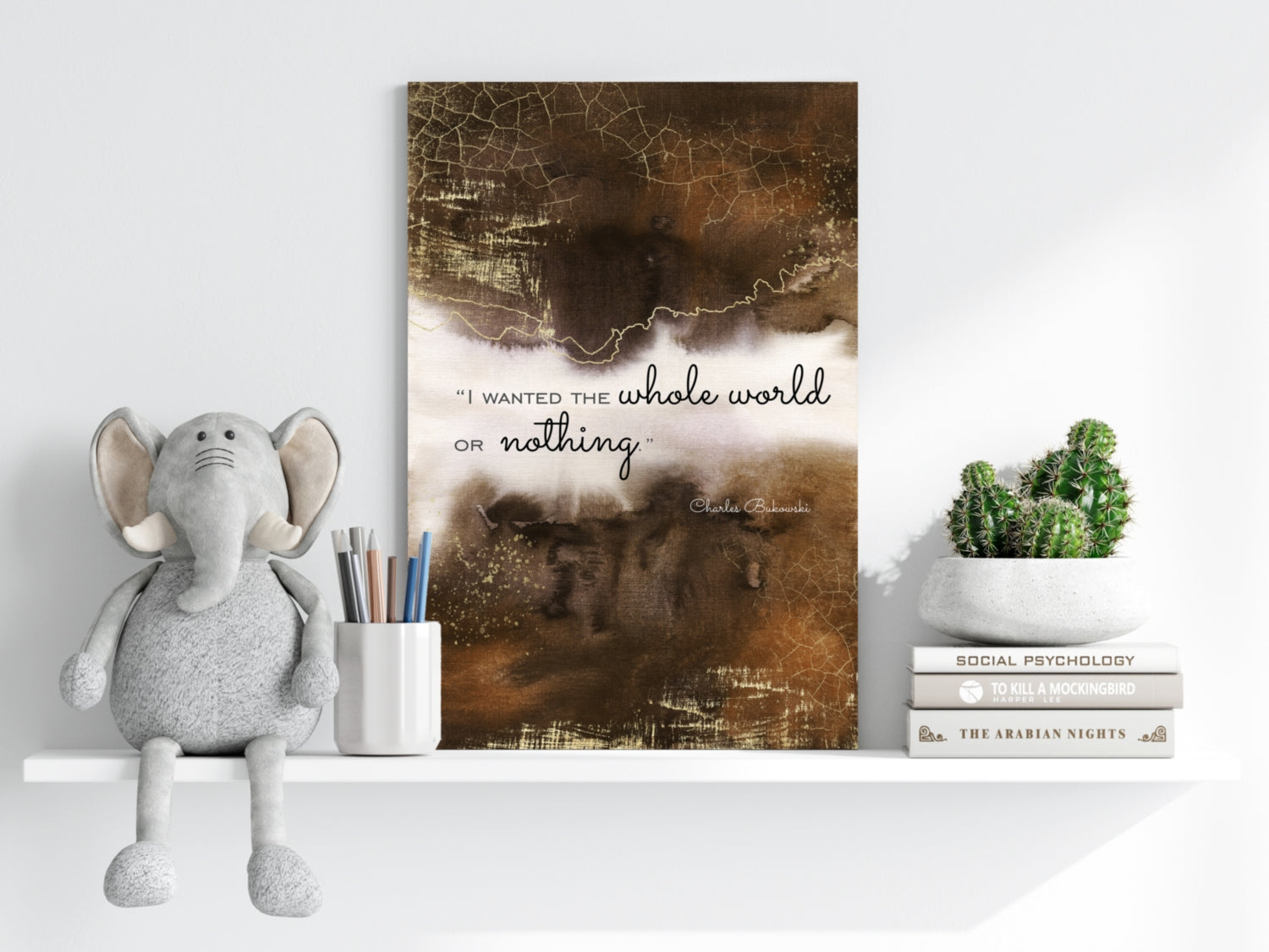 Brown Gold Cracked Ink Whole World Quote Aluminum Print