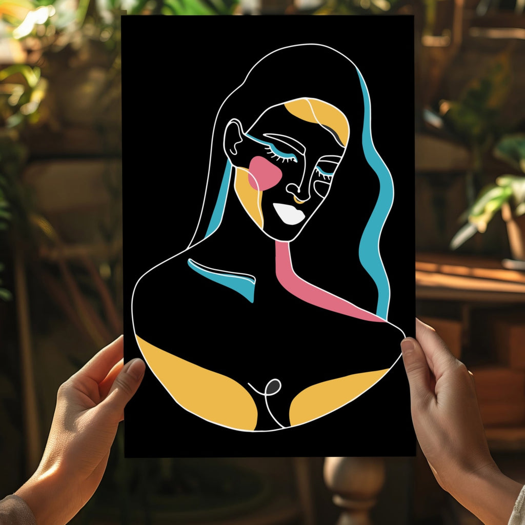 Neon Accent Line Art Woman On Black Aluminum Print