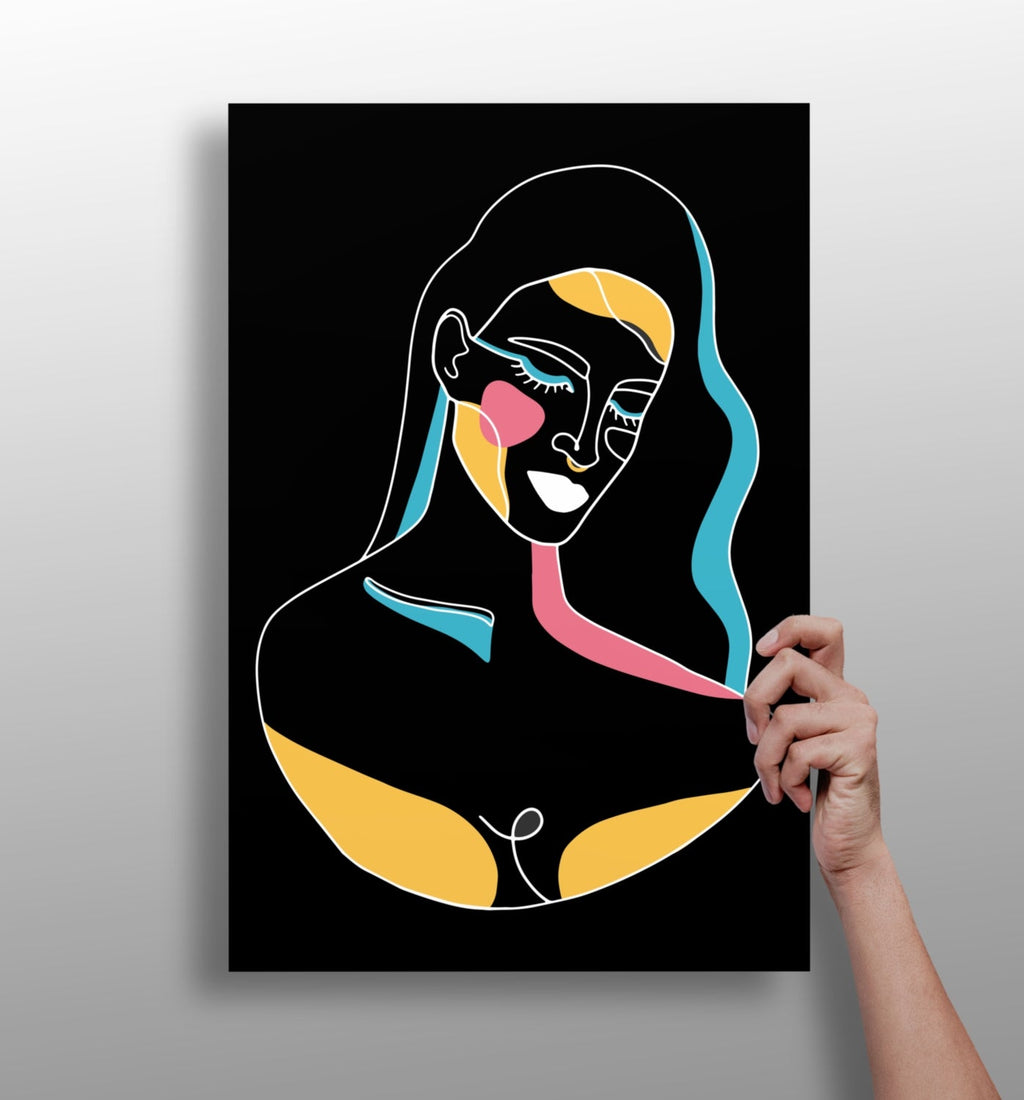 Neon Accent Line Art Woman On Black Aluminum Print