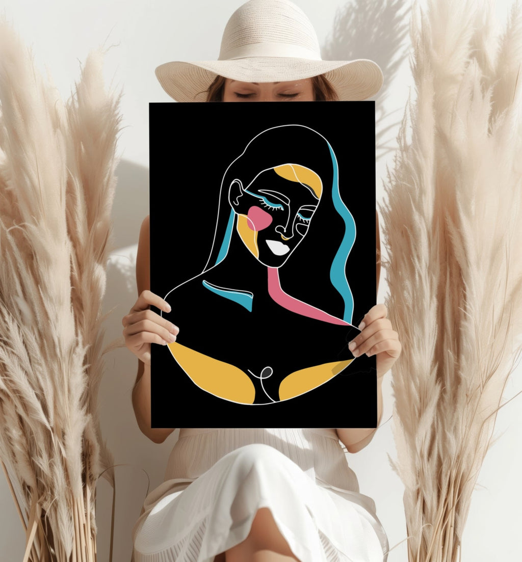 Neon Accent Line Art Woman On Black Aluminum Print