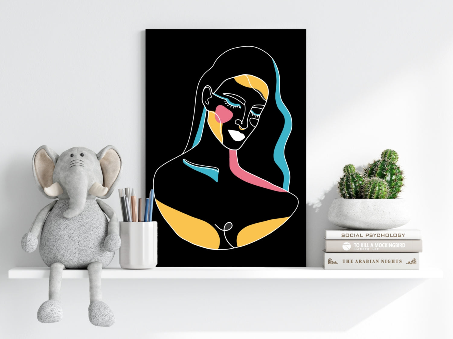 Neon Accent Line Art Woman On Black Aluminum Print
