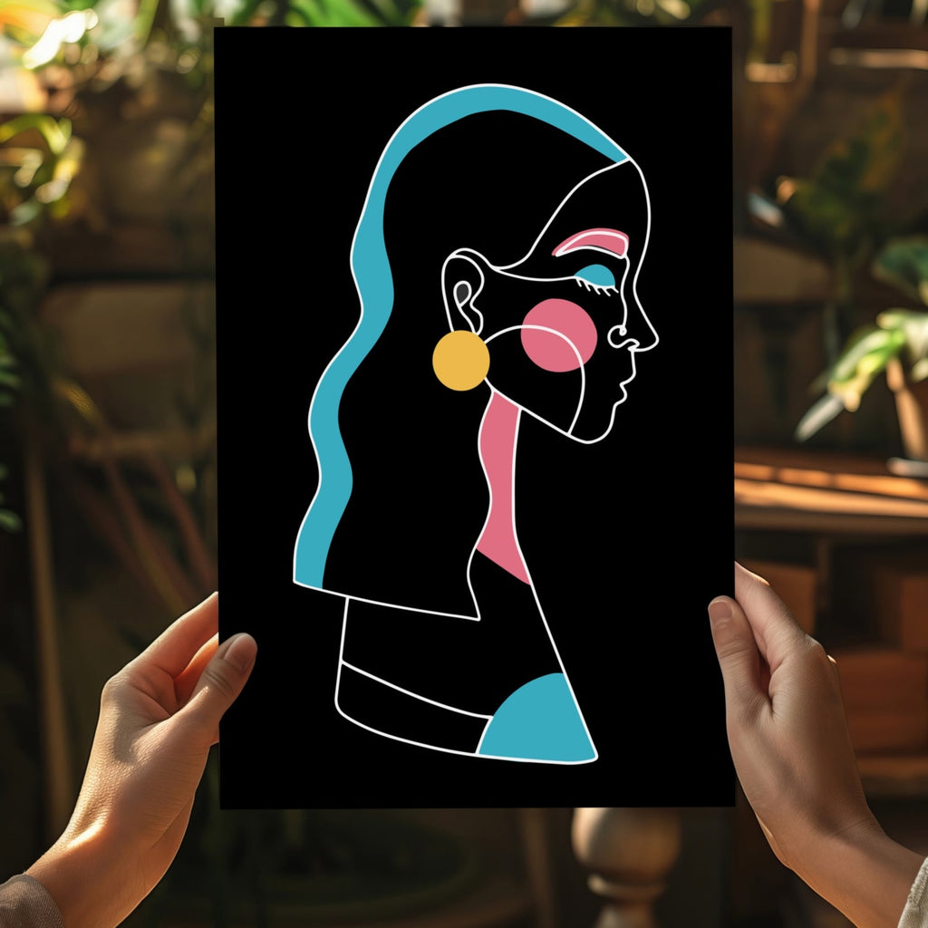 Yellow Earring Line Art Woman Profile Aluminum Print