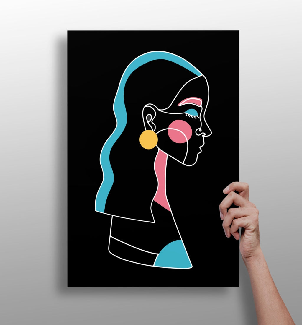 Yellow Earring Line Art Woman Profile Aluminum Print