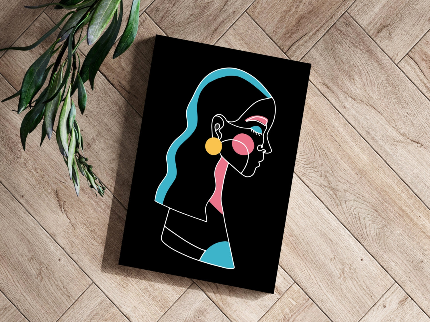 Yellow Earring Line Art Woman Profile Aluminum Print