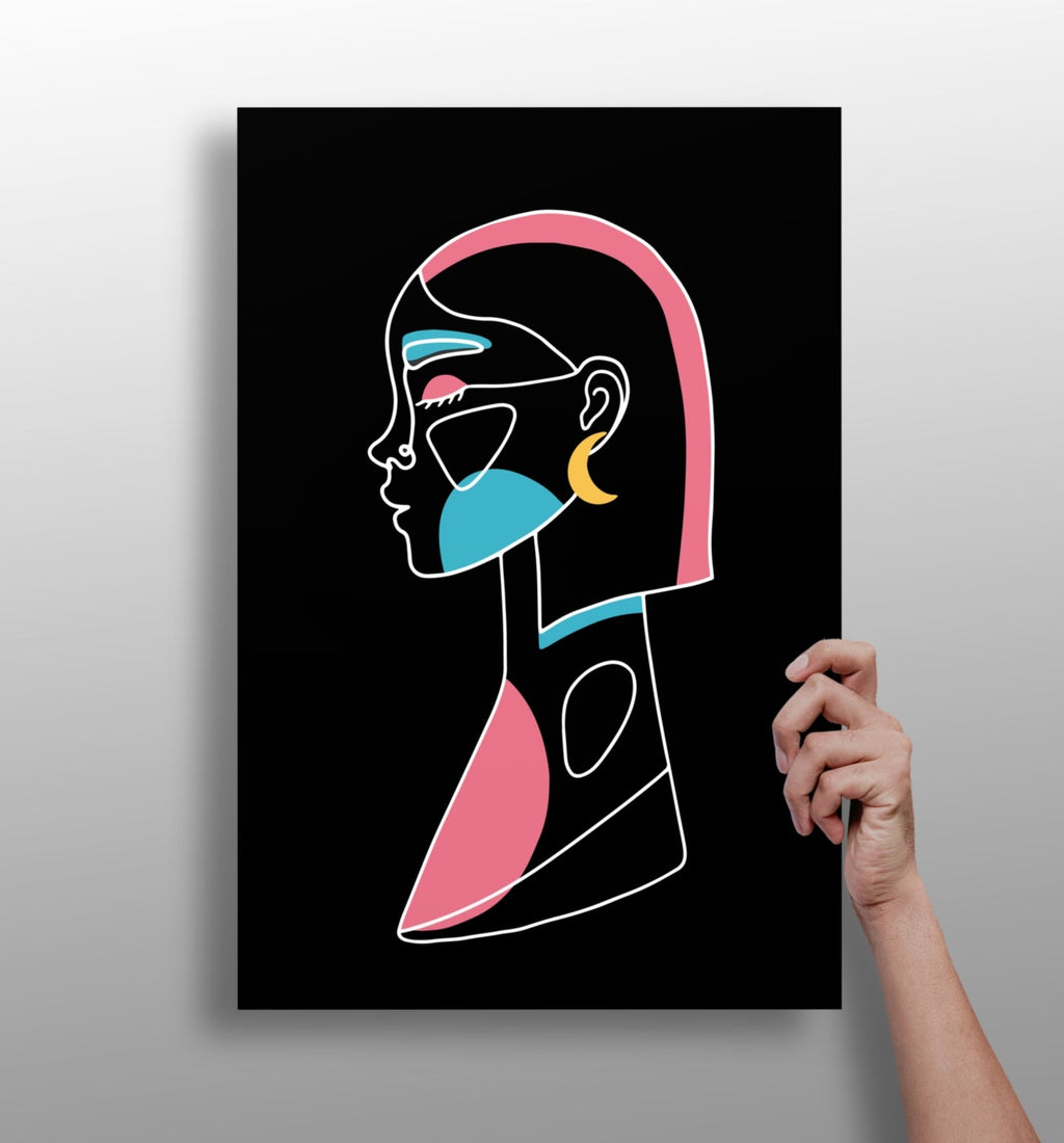 Pink Hair Crescent Earring Line Art Woman Aluminum Print