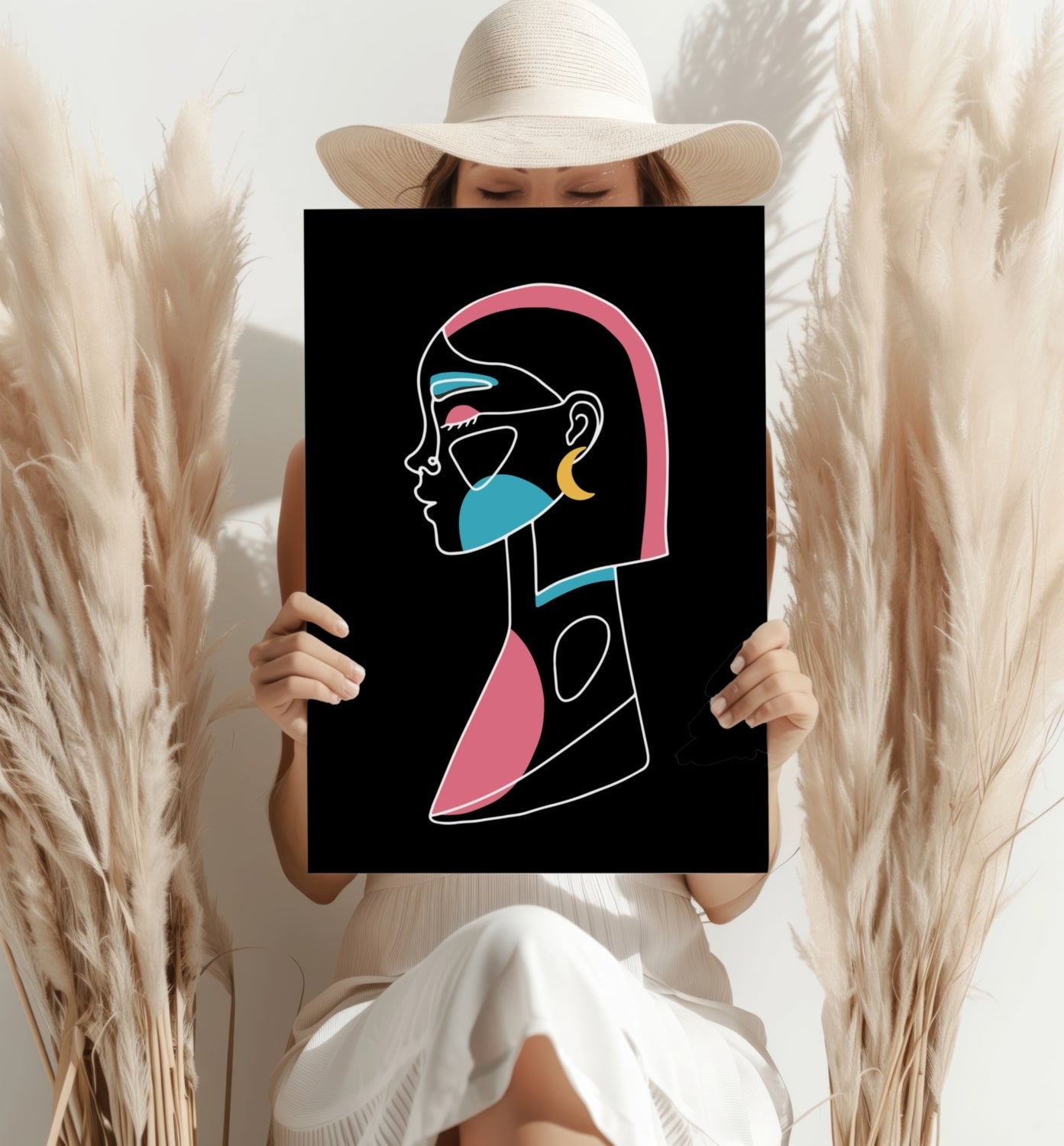 Pink Hair Crescent Earring Line Art Woman Aluminum Print