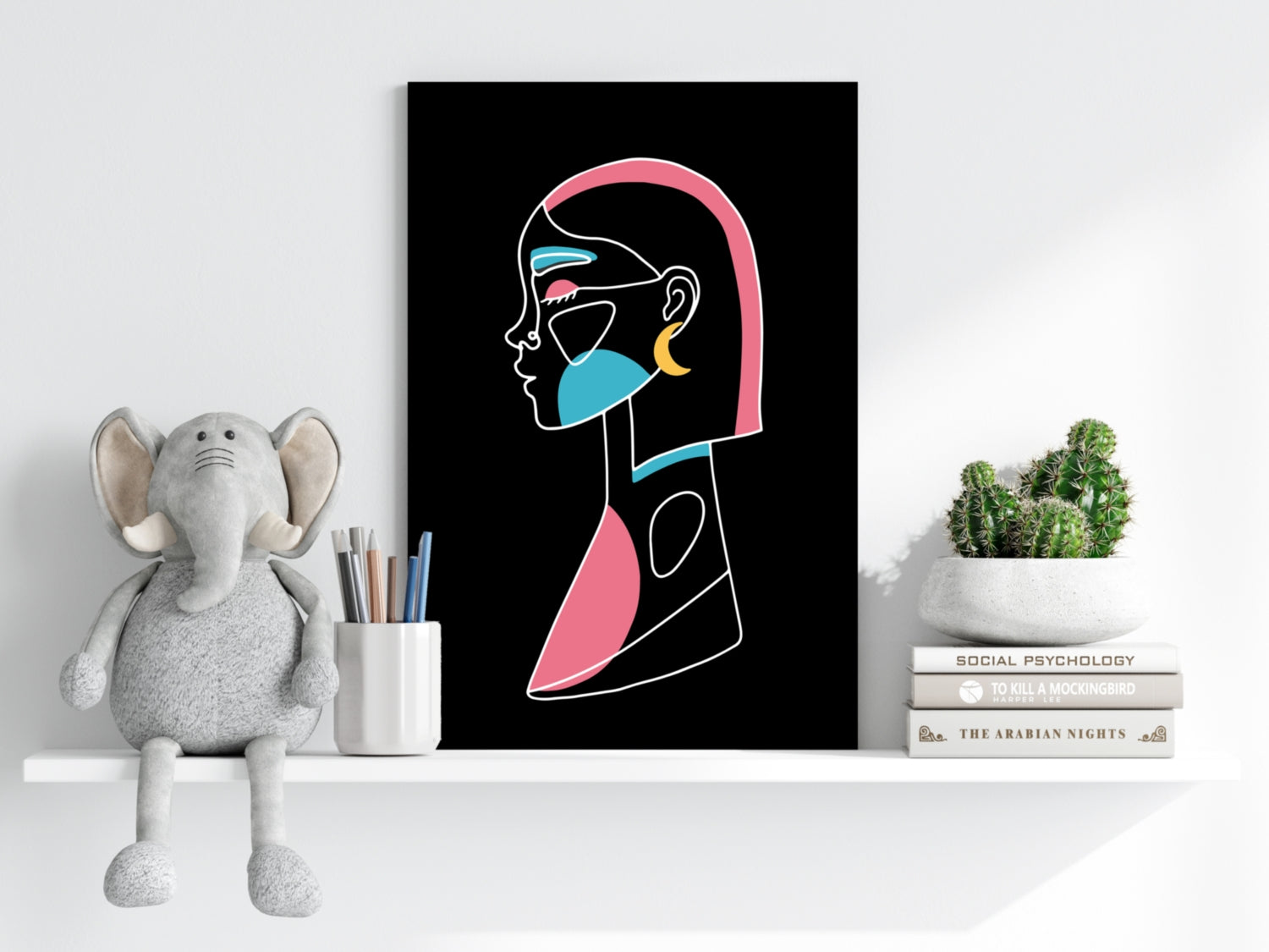 Pink Hair Crescent Earring Line Art Woman Aluminum Print