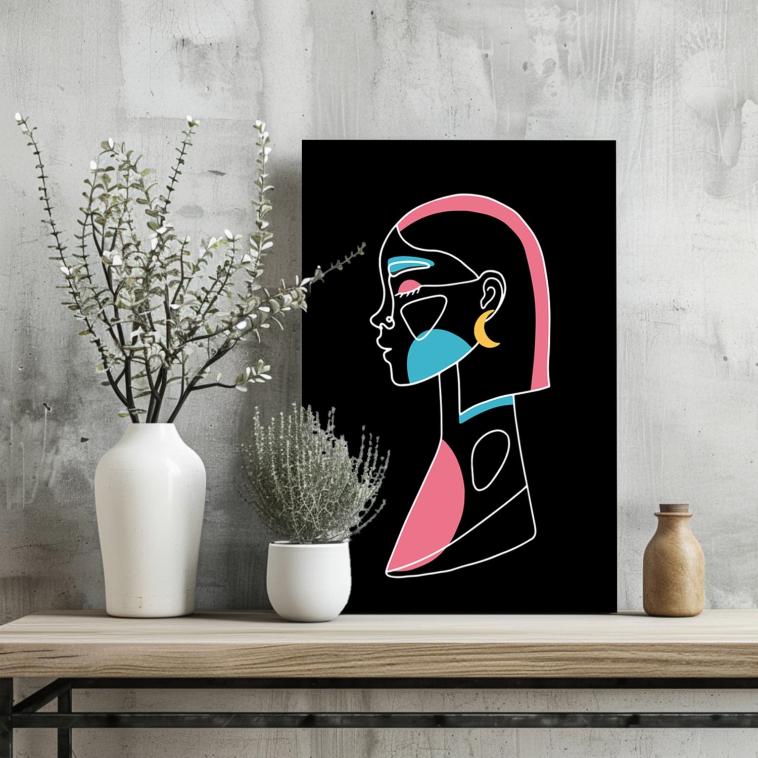 Pink Hair Crescent Earring Line Art Woman Aluminum Print