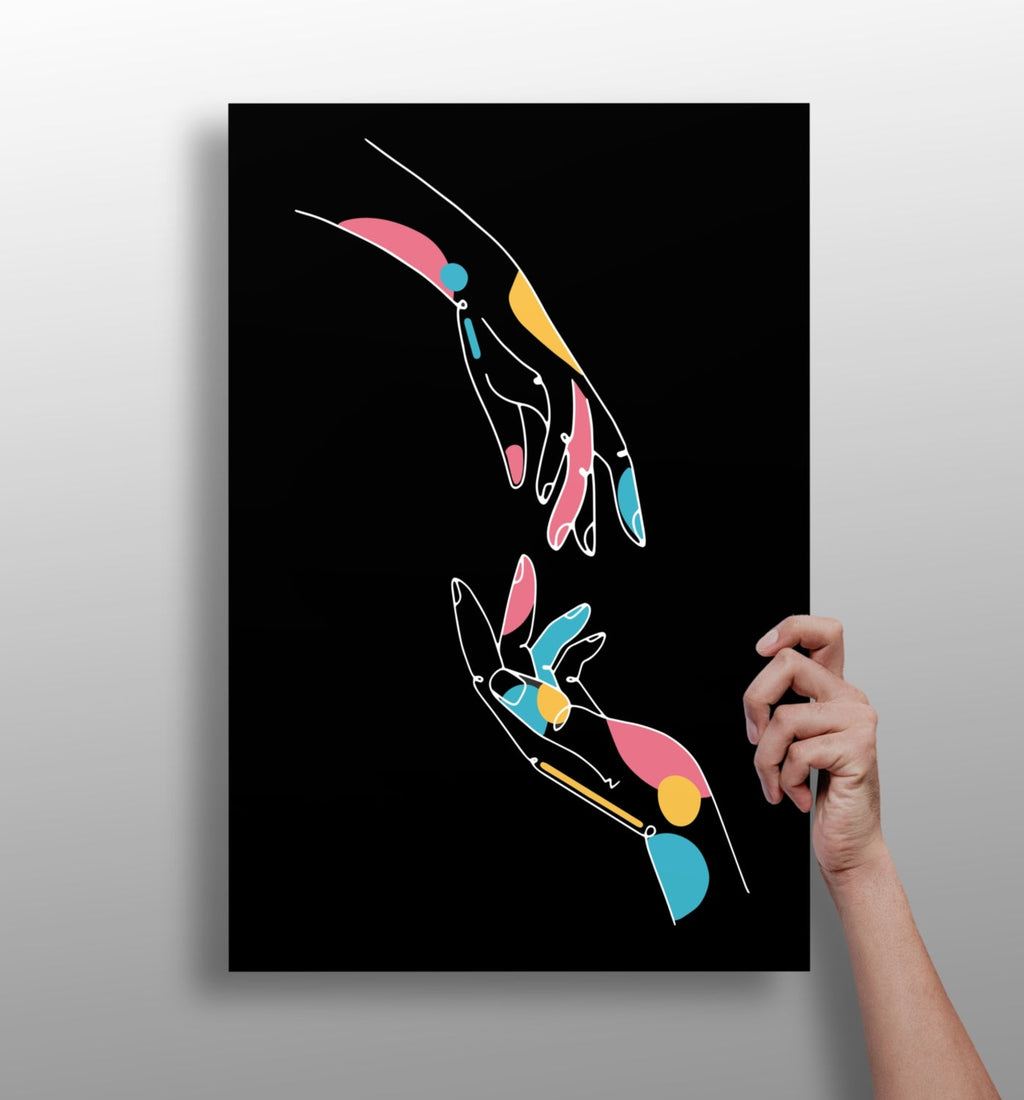 Two Reaching Hands Line Art On Black Aluminum Print