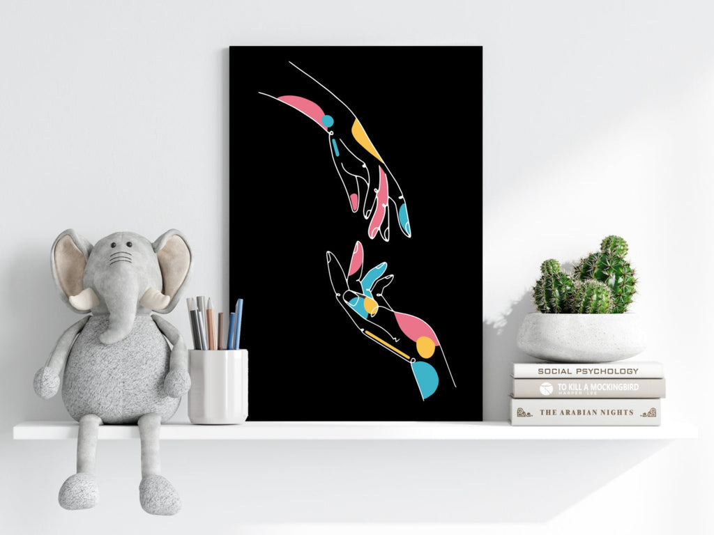 Two Reaching Hands Line Art On Black Aluminum Print