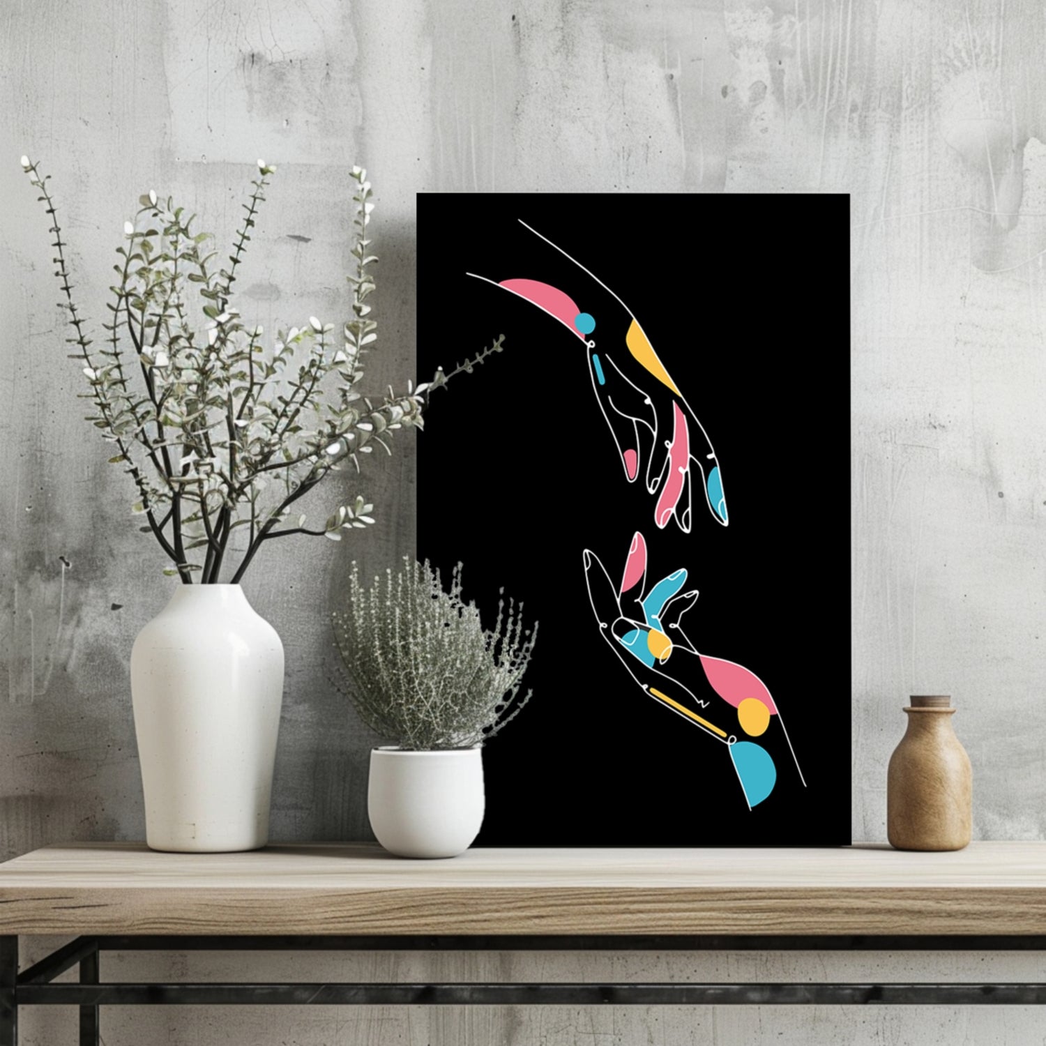 Two Reaching Hands Line Art On Black Aluminum Print
